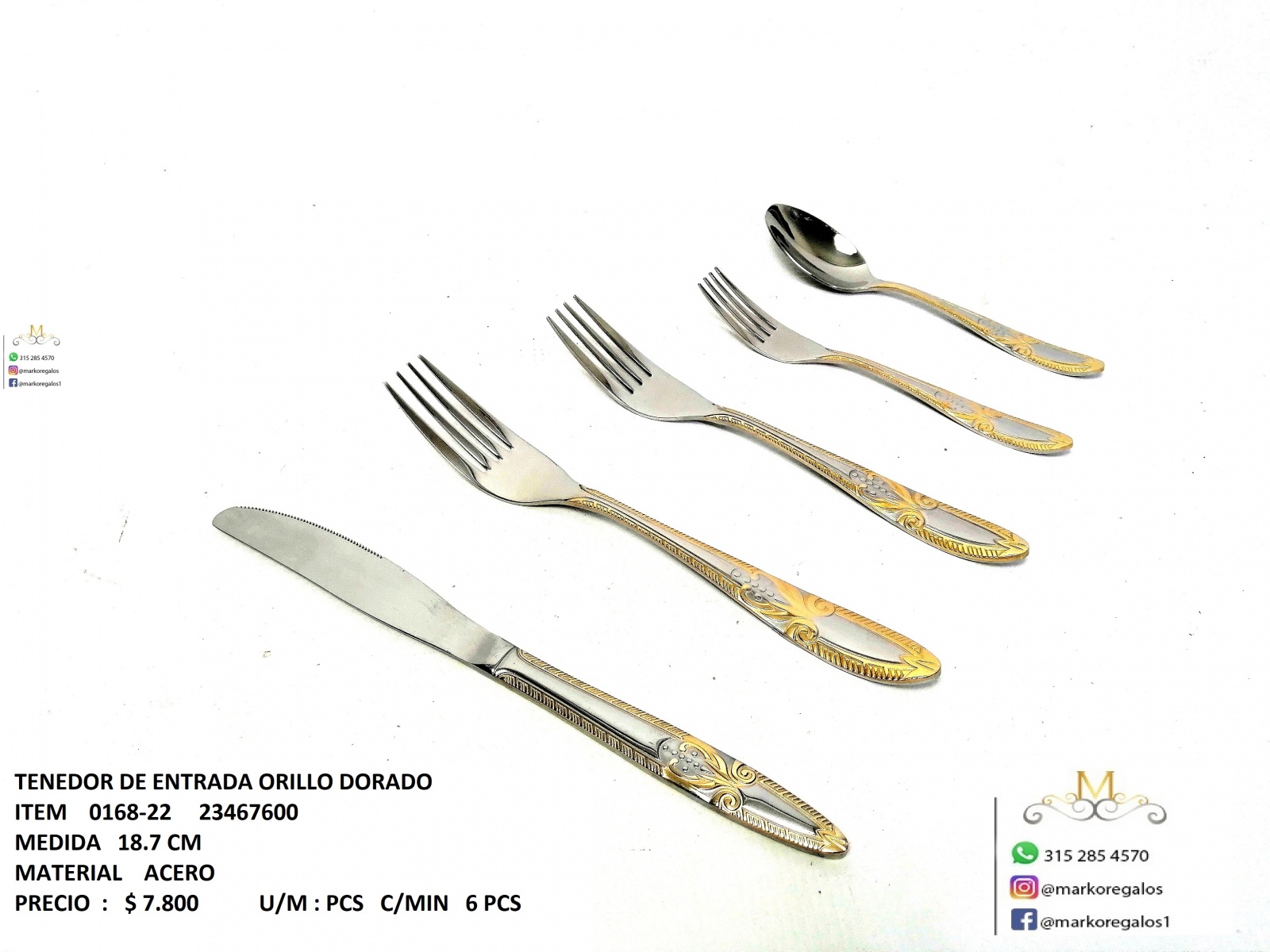 TENEDOR DE ENTRADA ORILLO DORADO - MarkoRegalos